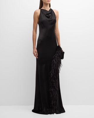 Satin Halter Gown with Feather Trim