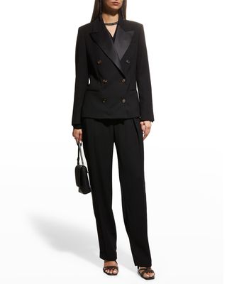 Satin-Lapel Double-Breasted Evening Blazer