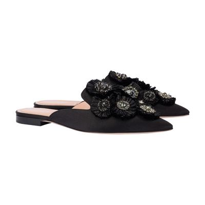 Satin mules with raffia flowers