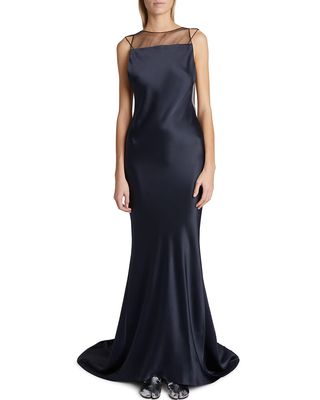 Satin Open-Back Trumpet Gown with Sheer Detail