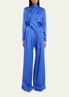 Satin Pleated Wide-Leg Pants with Belt