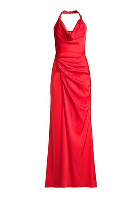 Satin Stretch Cowlneck Halter Gown