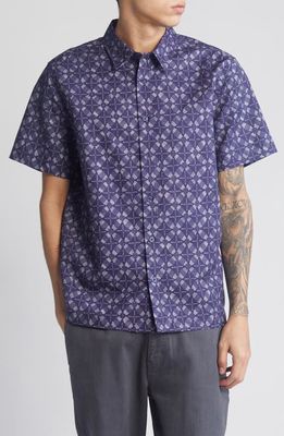 Saturdays NYC Bruce Block Print Short Sleeve Button-Up Shirt in Ocean 