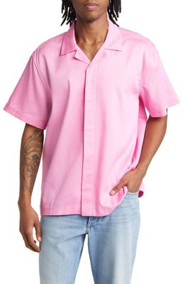 Saturdays NYC York Short Sleeve Lyocell & Cotton Button-Up Camp Shirt in Fuchsia Pink
