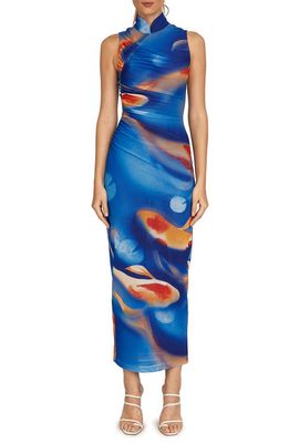 SAU LEE Kayla Ruched Mandarin collar Dress in Blue Multi