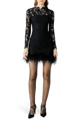 SAU LEE Mara Long Sleeve Ostrich Feather Trim Lace Minidress in Black