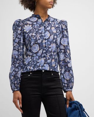 Savannah Floral Puff-Sleeve Button-Front Blouse