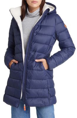 Save The Duck Cleo Faux Shearling Lined Long Quilted Coat in Navy Blue