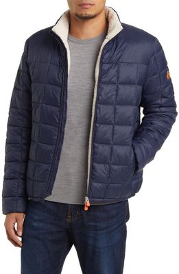 Save The Duck Colby Faux Fur Lined Quilted Zip-Up Jacket in Navy Blue