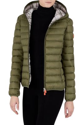 Save The Duck Demi Water Repellent Recycled Nylon Puffer Jacket in Dusty Olive Glen Tartan Beige