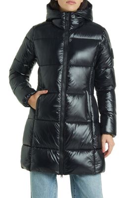 Save The Duck Ines Water Repellent Hooded Quilted Longline Coat in Black