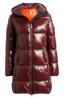Save The Duck Ines Water Repellent Hooded Quilted Longline Coat in Burgundy Black