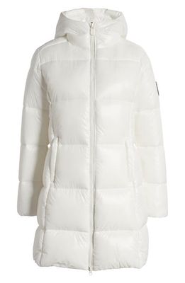 Save The Duck Ines Water Repellent Hooded Quilted Longline Coat in Off White