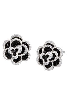 SAVVY CIE JEWELS Platinum Plated Sterling Silver CZ Flower Stud Earrings in Black