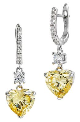 SAVVY CIE JEWELS Rhodium Plated Sterling Silver Canary CZ Heart Drop Huggie Earrings in White/canary