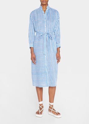 Sawyer Horizon Striped Button-Front Collared Midi Dress with Belted Waist