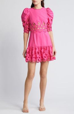 Saylor Auroette Eyelet Puff Sleeve Cotton Poplin Dress in Hot Pink