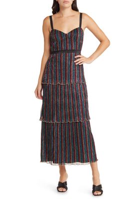 Saylor Aviva Metallic Stripe Tiered Midi Dress in Rainbow