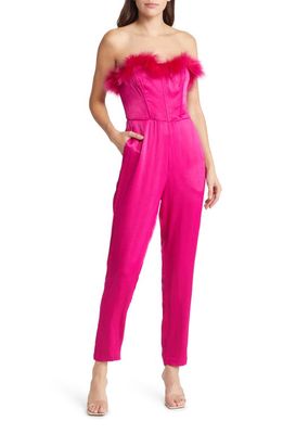 Saylor Raya Faux Feather Strapless Jumpsuit in Fuchsia