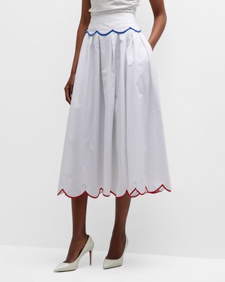 Scallop Pleated Midi Skirt With Rainbow Piping