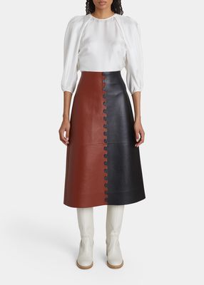 Scallop Two-Tone Leather Midi Skirt