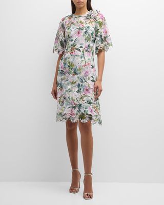 Scalloped Floral-Print Lace Midi Dress