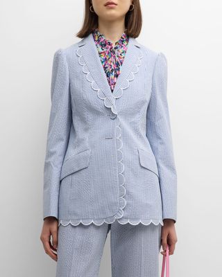 Scalloped Seersucker Single-Breasted Blazer Jacket