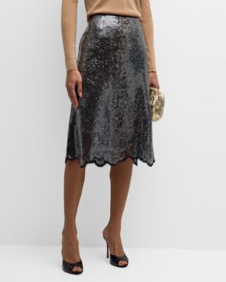 Scalloped Sequin Lace Midi Skirt