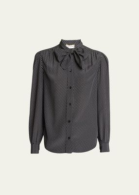 Scarf-Neck Micro Dot Button Down Silk Blouse