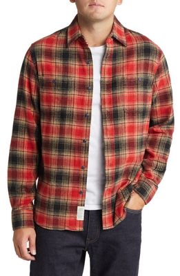 Schott NYC Two-Pocket Long Sleeve Flannel Button-Up Shirt in Black/Red