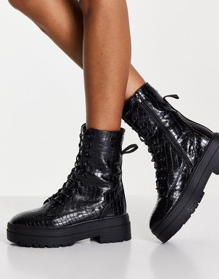 schuh Aileen lace-up boots in black croc