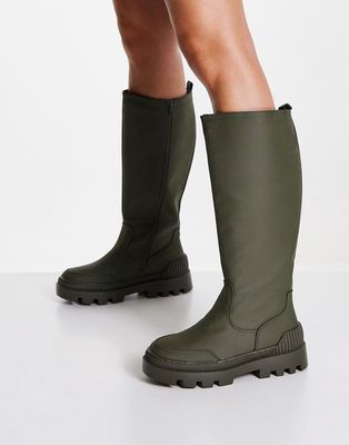 schuh Devon knee high pull on boots in khaki-Green
