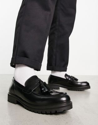 schuh Pope chunky tassel loafers in black hi shine leather