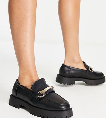 schuh Wide Fit Lawrence flat shoes with gold trim in black