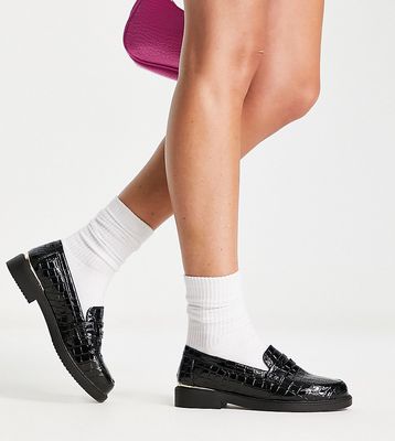 schuh Wide Fit Lenzo loafers in black croc