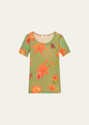 Scoop-Neck Floral-Print Tulle T-Shirt