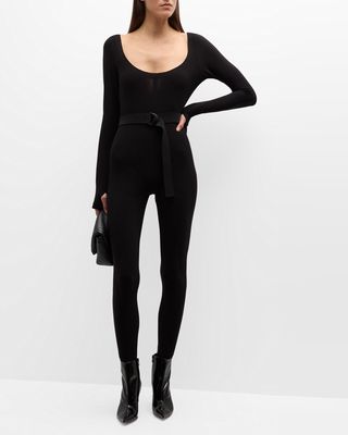 Scoop-Neck Long-Sleeve Belted Stirrup Catsuit