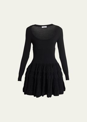 Scoop-Neck Wool Skater Mini Dress with 3-D Detail