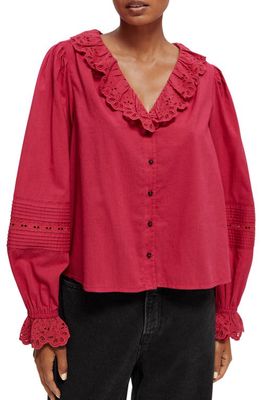Scotch & Soda Broderie Anglaise V-Neck Button-Up Organic Cotton Top in Cherry Pie