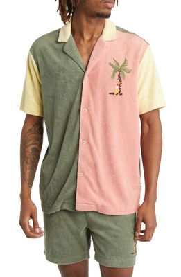 Scotch & Soda Colorblock Short Sleeve Organic Cotton Blend Terry Cloth Button-Up Camp Shirt in Colour Block/Green