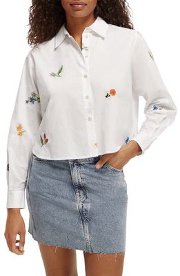 Scotch & Soda Embroidered Boxy Organic Cotton Crop Button-Up Shirt in 0006-White