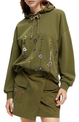 Scotch & Soda Embroidered Floral Oversize Hoodie in Army Green-0410