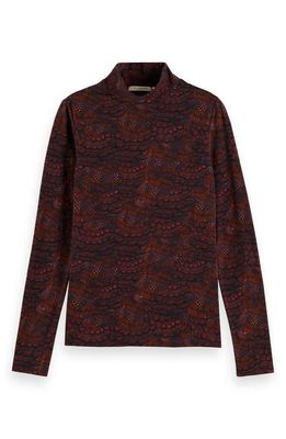 Scotch & Soda Feather Print Long Sleeve Mock Neck Top in Feather Bordeaux