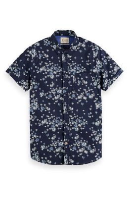 Scotch & Soda Fireworks Print Short Sleeve Organic Cotton Button-Up Shirt in 5719-Blue Fireworks