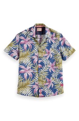Scotch & Soda Regular Fit Orchid Print Short Sleeve Button-Up Shirt in Blue Combo