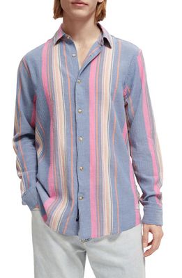 Scotch & Soda Regular Fit Stripe Crinkled Organic Cotton Button-Up Shirt in 6041-Blue/Pink Strip