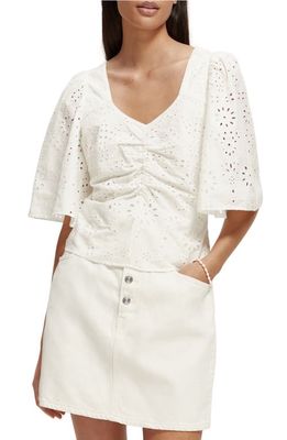 Scotch & Soda Ruched Eyelet Flutter Sleeve Organic Cotton Top in 0006-White