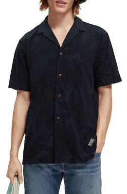 Scotch & Soda Short Sleeve Organic Cotton Blend Terry Jacquard Button-Up Camp Shirt in 0004-Navy