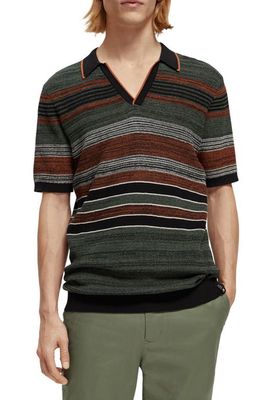 Scotch & Soda Structure Stripe Short Sleeve Sweater Polo in Green Multi Stripe