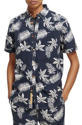 Scotch & Soda Trim Fit Floral Print Short Sleeve Button-Up Shirt in 5818-Navy Leaf